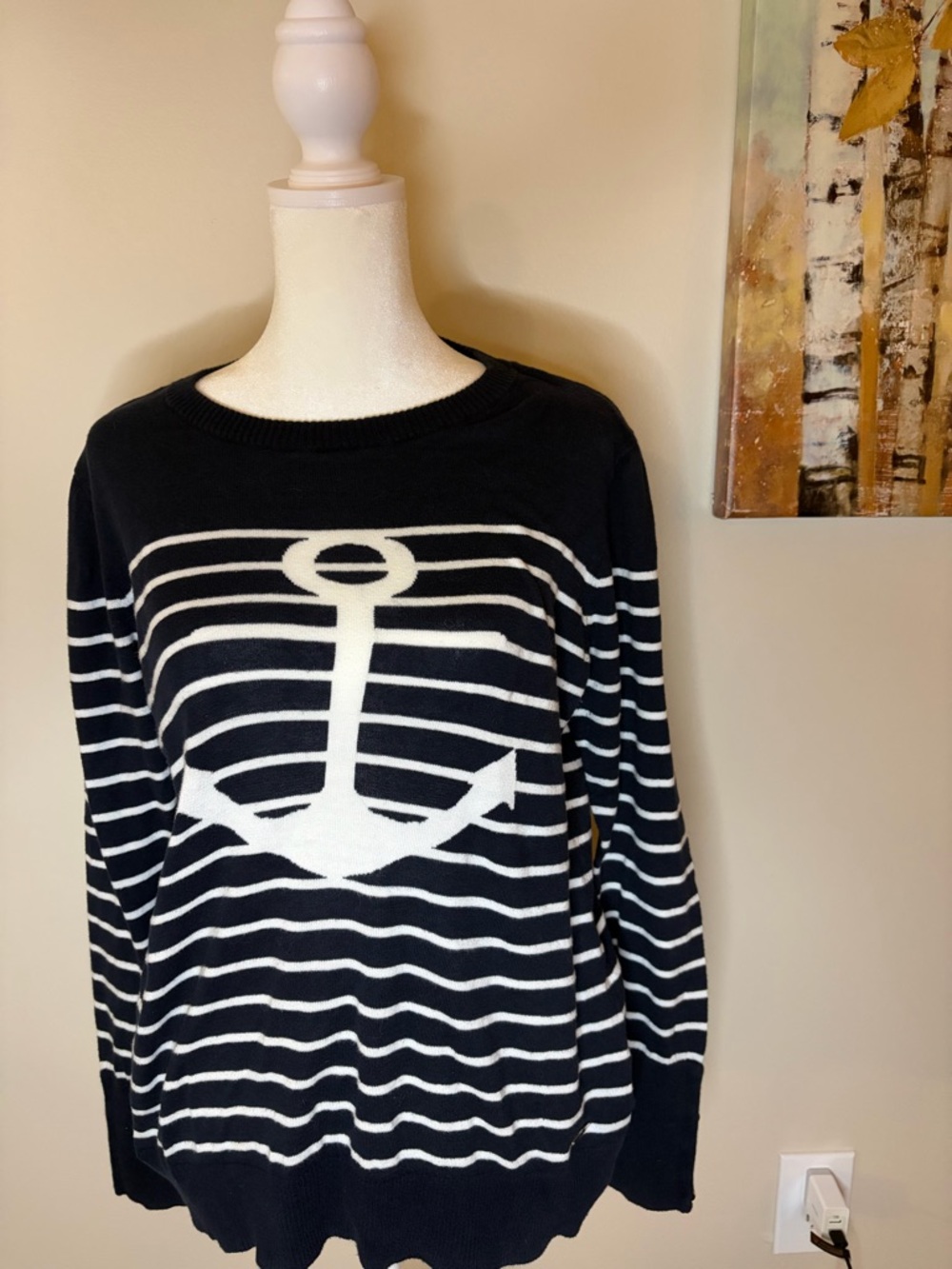 Nautica Black & White Anchor Stripe Crew Sweater